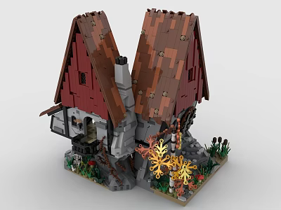 Building Blocks Constructed Two Red Roof Houses With Central Gray Connection And Decorative Golden Leaves 3d model
