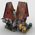 Building Blocks Constructed Two Red Roof Houses With Central Gray Connection And Decorative Golden Leaves