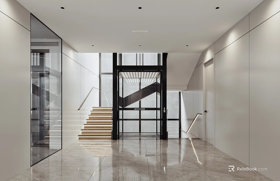 Modern Elevator Hallway Interior Design With Smooth Marble Floor Glass Railings And White Walls 3d model 