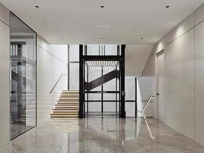 Modern Elevator Hallway Interior Design With Smooth Marble Floor Glass Railings And White Walls 3d model