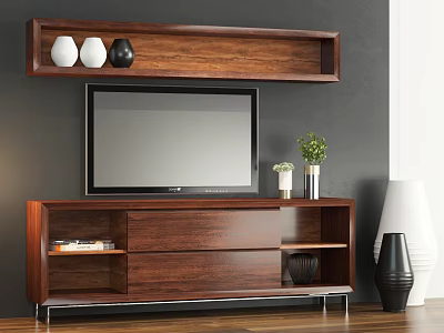 Dark Wooden TV Stand With Wall Mounted Shelf Decorative Vases And Green Plant 3d model