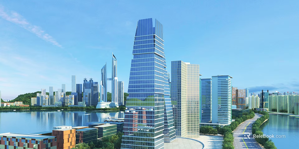 Modern Glass Facade Office Building in City Skyline With Waterfront and Surrounding Skyscrapers 3d model 
