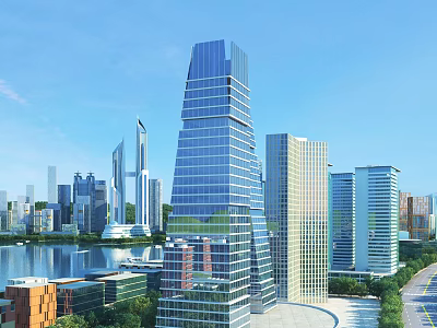 Modern Glass Facade Office Building in City Skyline With Waterfront and Surrounding Skyscrapers 3d model