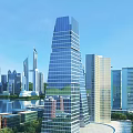 Modern Glass Facade Office Building in City Skyline With Waterfront and Surrounding Skyscrapers