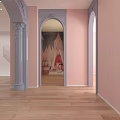 Bridal Shop Interior With Wedding Dresses Display Pink Walls Wooden Flooring And Green Ceiling