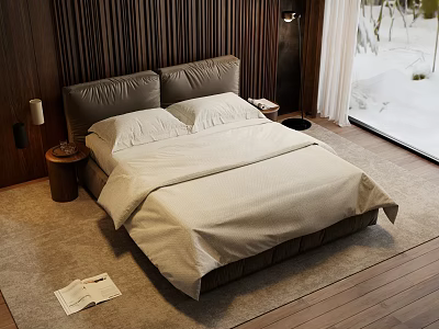 Double Bed With Wooden Wall Panel White Bed Sheets And Snowy View In Modern Bedroom 3d model
