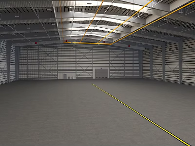 Spacious Industrial Indoor Warehouse Space With High Metal Ceiling And Yellow Floor Lines 3d model