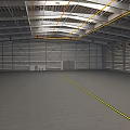 Spacious Industrial Indoor Warehouse Space With High Metal Ceiling And Yellow Floor Lines