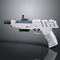 Futuristic Sci Fi Handgun With White Body Blue Accents Green Lights And Scope