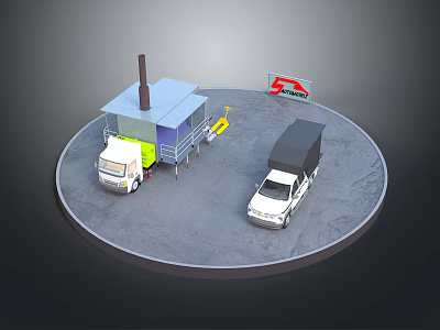 Two White Trucks Near Small Building With Blue Roof And Red Sign 3d model