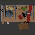 Wooden Workbench With Blue Countertop And Tools Near Wooden Barrel And Small Stool