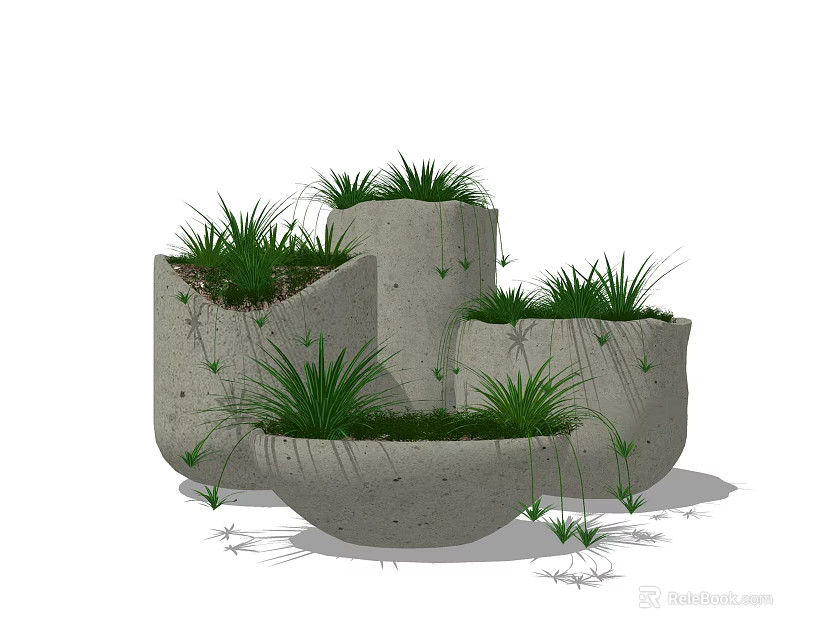Concrete Bonsai Potted Plants With Irregular Geometric Planters And Green Grass 3d model 