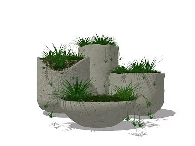 Concrete Bonsai Potted Plants With Irregular Geometric Planters And Green Grass 3d model