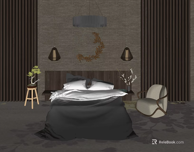 Bedroom Background Double Bed With Gray Textured Wall Moon Decor Lamps Green Plants Accent Chair 3d model 