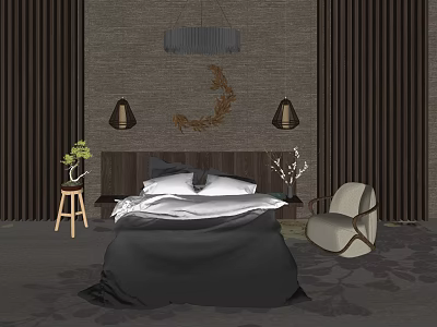 Bedroom Background Double Bed With Gray Textured Wall Moon Decor Lamps Green Plants Accent Chair 3d model