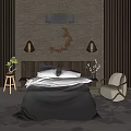 Bedroom Background Double Bed With Gray Textured Wall Moon Decor Lamps Green Plants Accent Chair