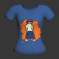 Blue T-shirt with cartoon character wearing hat white top blue pants red shoes orange design