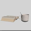 White Ribbed Cup With Spoon Beside Open Book On Gray Background 3d model