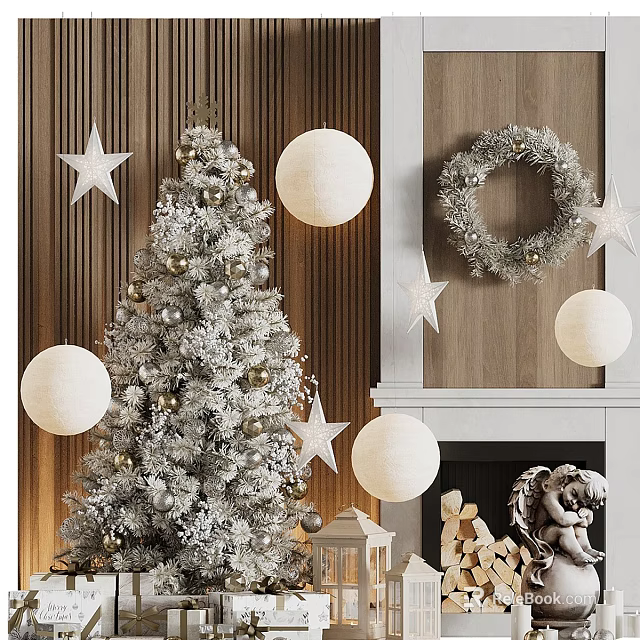 Christmas Decorative Ornament Set With Silver Tree White Lanterns Star Ornaments Wreath And Angel Figurine 3d model 