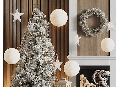 Christmas Decorative Ornament Set With Silver Tree White Lanterns Star Ornaments Wreath And Angel Figurine 3d model