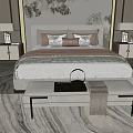 Double Bed Interior With Beige Headboard Multi Colored Pillows And Foot Bench 3d model