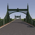 Long Bridge Spanning Calm Water With Green Railings And Grassy Banks