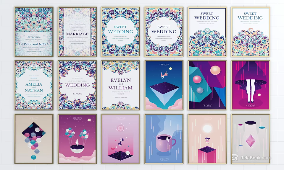 Various Colorful Wedding Card Designs With Diverse Patterns And Typography 3d model 