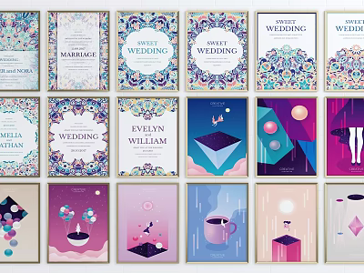 Various Colorful Wedding Card Designs With Diverse Patterns And Typography 3d model