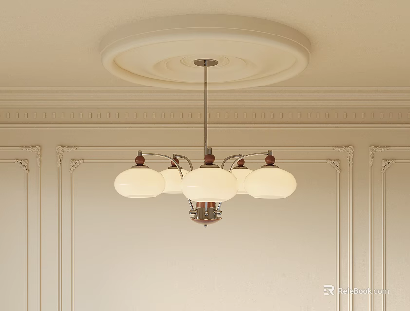 Elegant Chandelier With White Glass Shades Hanging From Decorative Ceiling Medallion In Paneled Interior 3d model 