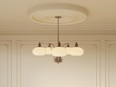 Elegant Chandelier With White Glass Shades Hanging From Decorative Ceiling Medallion In Paneled Interior 3d model