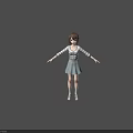 3D Girl Character With Brown Hair Striped Sweater Gray Skirt Red Background Arms Outstretched