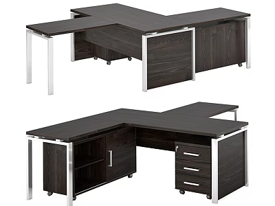 Modern L Shaped Office Desk With Dark Wood Surface Metal Frame And Storage Drawers 3d model