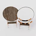 Two Round Mirrors With Metal Stands And Wooden Back In Minimalist Interior