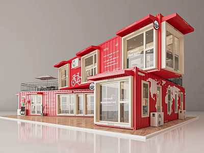 Red Two Story Container Building With Large Windows And White Decorations 3d model