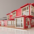 Red Two Story Container Building With Large Windows And White Decorations 3d model