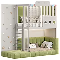 Children's Bunk Bed With Light Blue Gray Ladder Safety Railing Soft Mattress And Wall Decorations