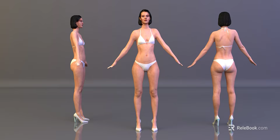 Woman Mannequin In White Bikini And White High Heels From Three Angles With Gray Background 3d model 