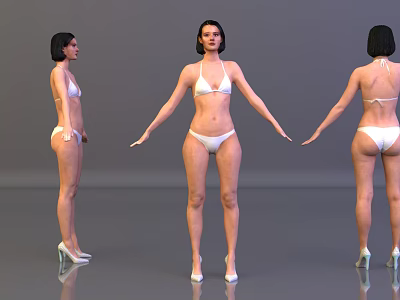 Woman Mannequin In White Bikini And White High Heels From Three Angles With Gray Background 3d model