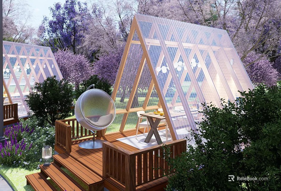 Outdoor Transparent Triangular Pavilion With Wooden Deck Spherical Chair Purple Flowering Trees And Green Plants 3d model 