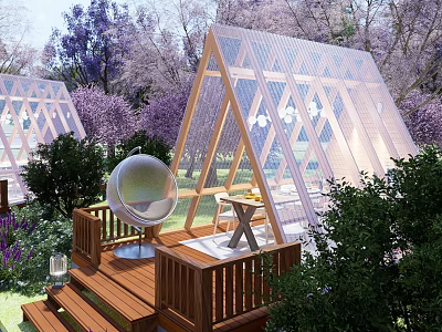 Outdoor Transparent Triangular Pavilion With Wooden Deck Spherical Chair Purple Flowering Trees And Green Plants 3d model