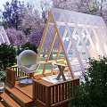 Outdoor Transparent Triangular Pavilion With Wooden Deck Spherical Chair Purple Flowering Trees And Green Plants