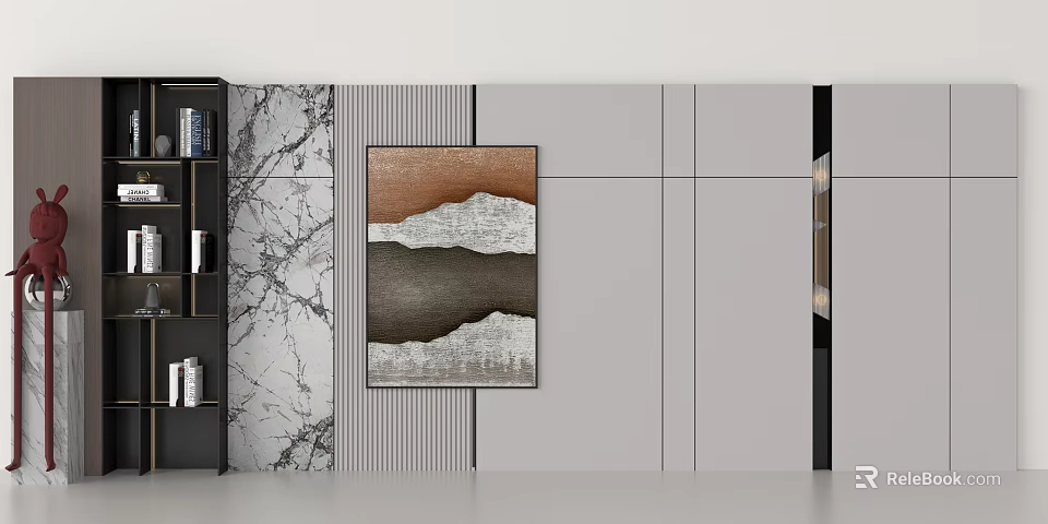 Modern Sofa Background Wall Design With Marble Texture Gray Panels And Abstract Decorative Painting 3d model