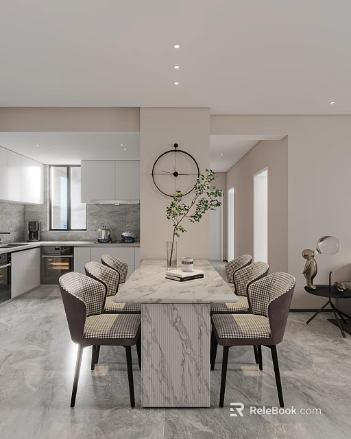 Modern Open Dining Living Interior With Marble Dining Table Patterned Chairs And White Kitchen Cabinets 3d model