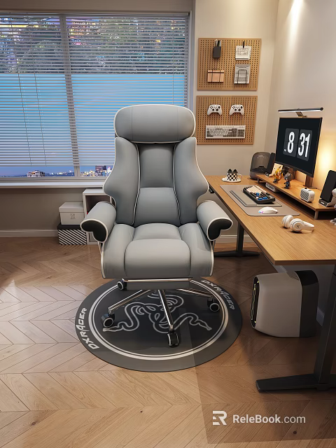 Gray Modern High back Gaming Armchair with Desk Game Controllers and Round Rug 3d model 