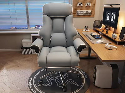 Gray Modern High back Gaming Armchair with Desk Game Controllers and Round Rug 3d model