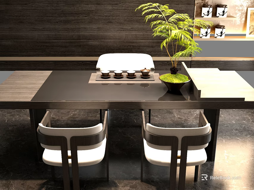 Wooden Tea Table and Comfortable Chairs with Tea Set and Green Plant in Modern Interior 3d model 
