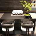 Wooden Tea Table and Comfortable Chairs with Tea Set and Green Plant in Modern Interior