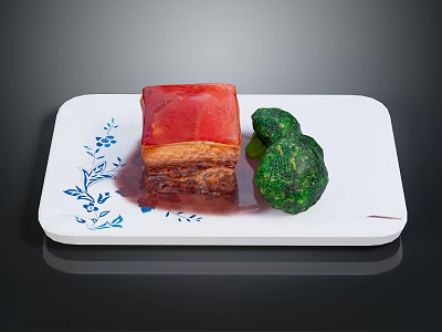 Delicious Meal With Red Cooked Meat Green Broccoli On White Plate With Blue Floral Patterns 3d model