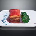 Delicious Meal With Red Cooked Meat Green Broccoli On White Plate With Blue Floral Patterns