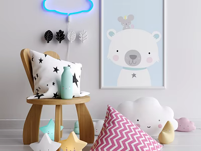 Cute Decorative Pillows With Star And Zigzag Patterns In Kids Room Wooden Chair Neon Light 3d model